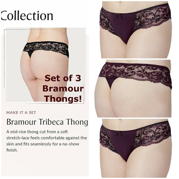 Set of 3! Thongs Large Panties Bramour Tribeca L FITS 29-30" Lace Brief Burgundy - Picture 1 of 16